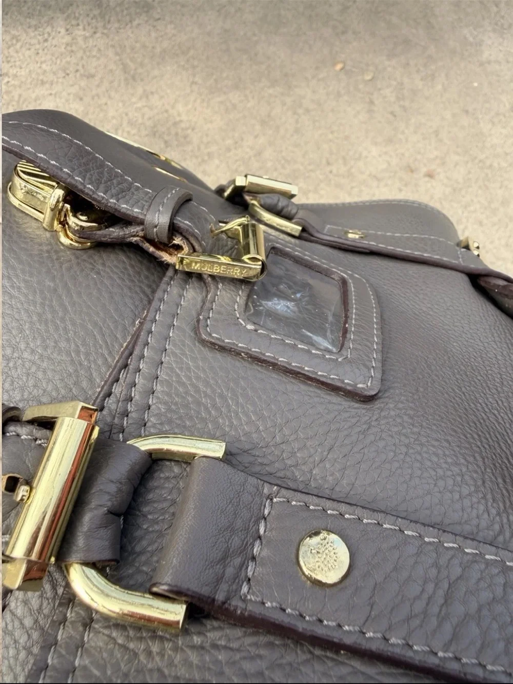 Mulberry Gray Braided-Handle Leather Satchel with Gold Hardware